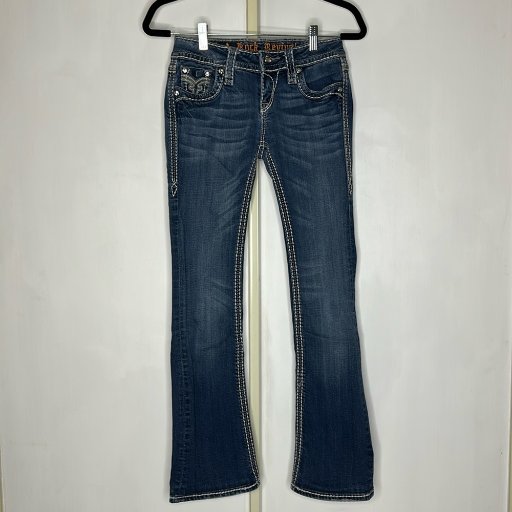 Rock Revival size 26, Darcy Boot, light wash jeans, light gray stitching.